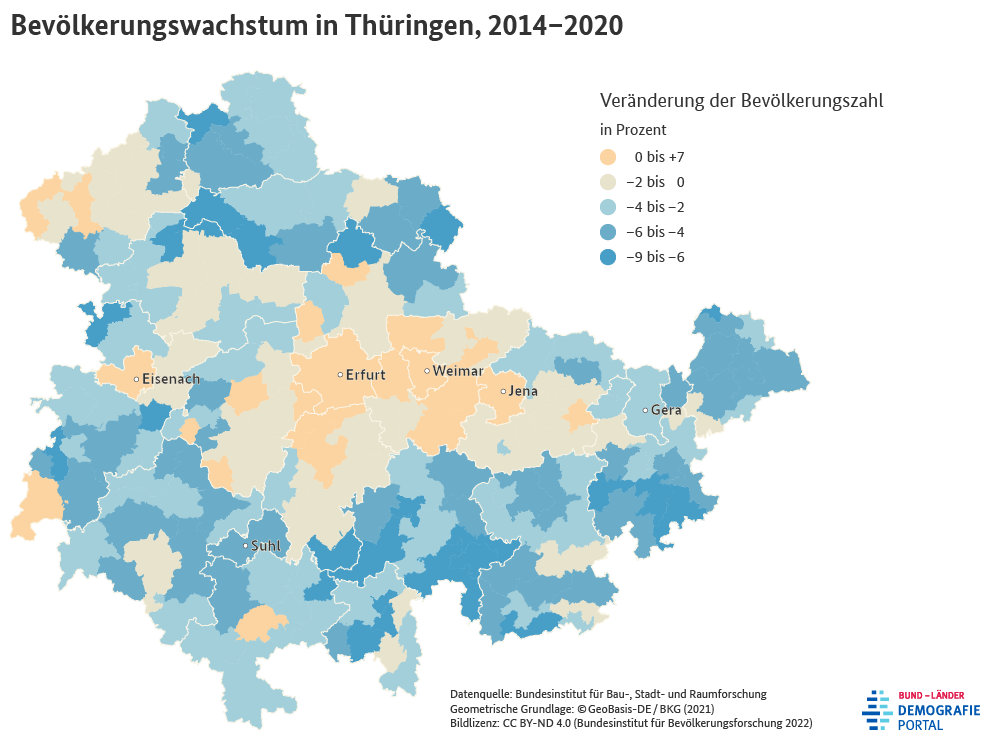 Karte zum Bevölkerungswachstum der Gemeinden in Thüringen zwischen 2014 und 2020