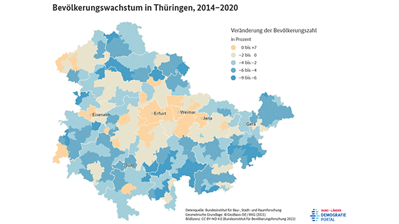 Karte zum Bevölkerungswachstum der Gemeinden in Thüringen zwischen 2014 und 2020